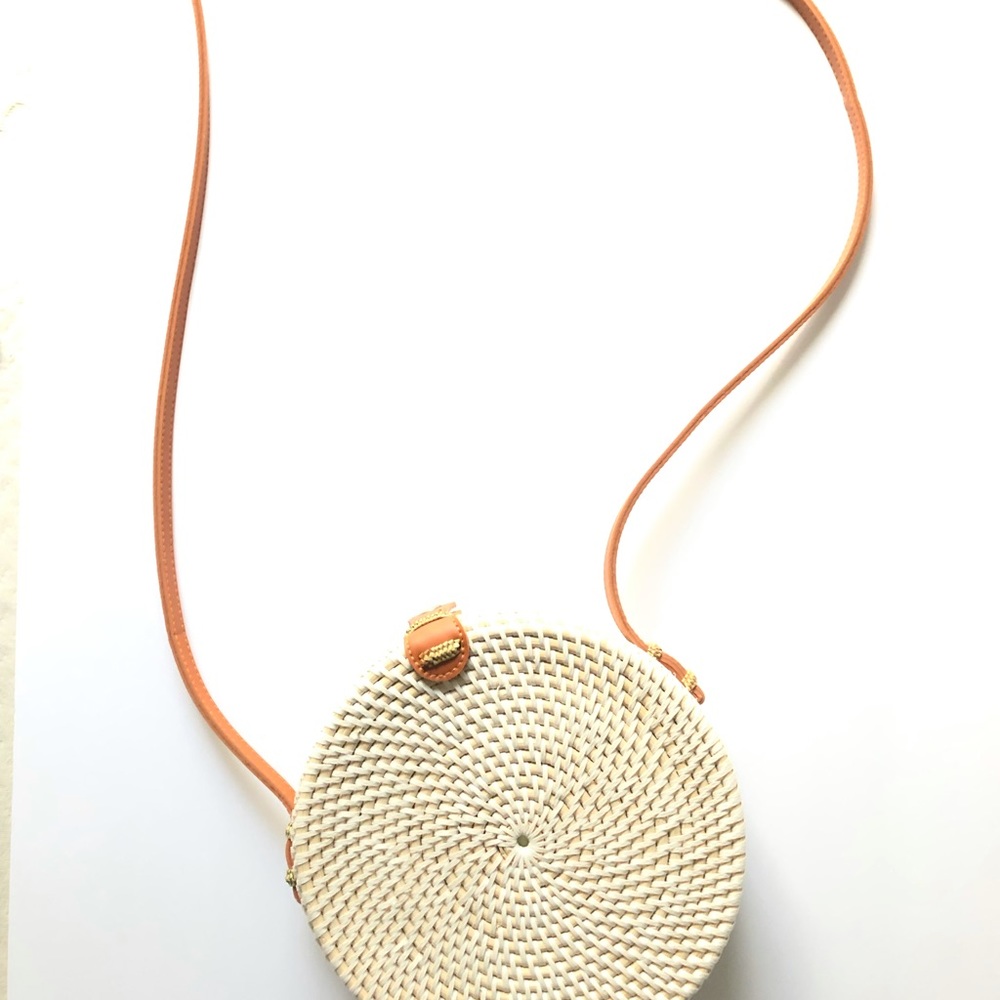 Round White & Tan  Rattan Bag